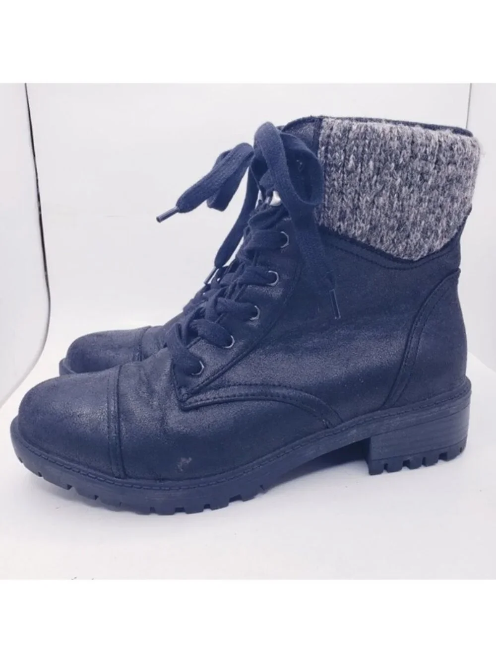 Universal Thread Black Faux Leather Lace Up Boots Knit Sock Trim Womens Size 9.5